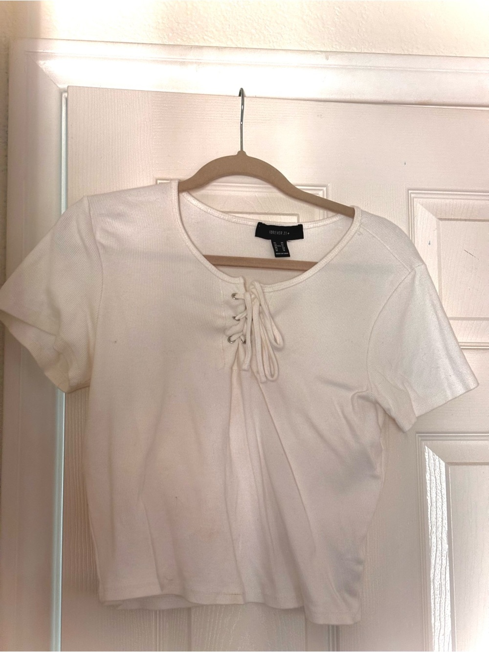 Forever 21 Ivory Lace-Up Short Sleeve Crop Top